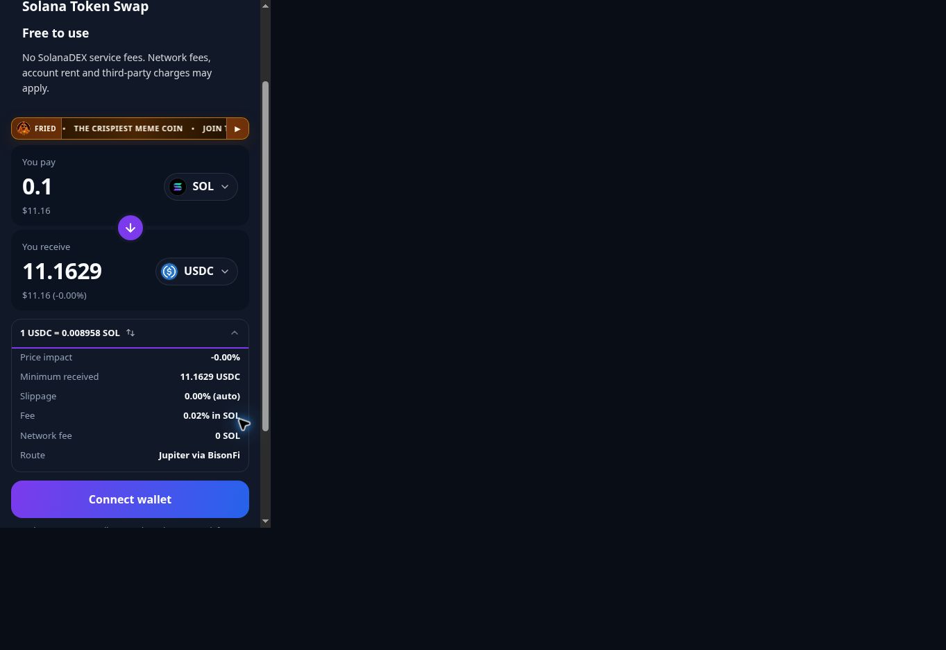 SolanaDEX SOL to USDC quote with the exchange-rate row expanded to show price impact, minimum received, slippage, fees and route.